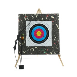 Bow, arrows and archery target on white background