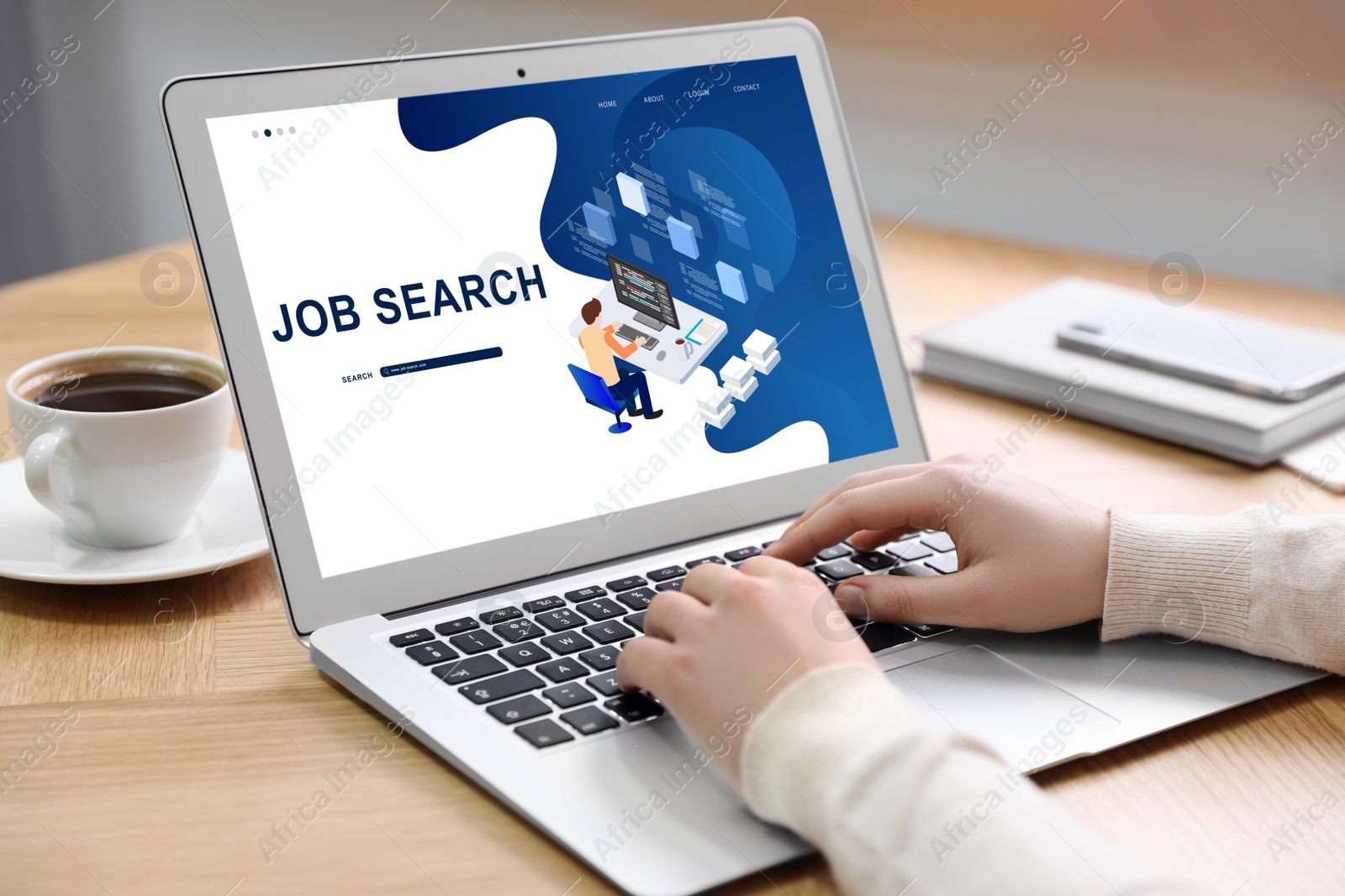 Image of Woman searching job with laptop at wooden table, closeup 