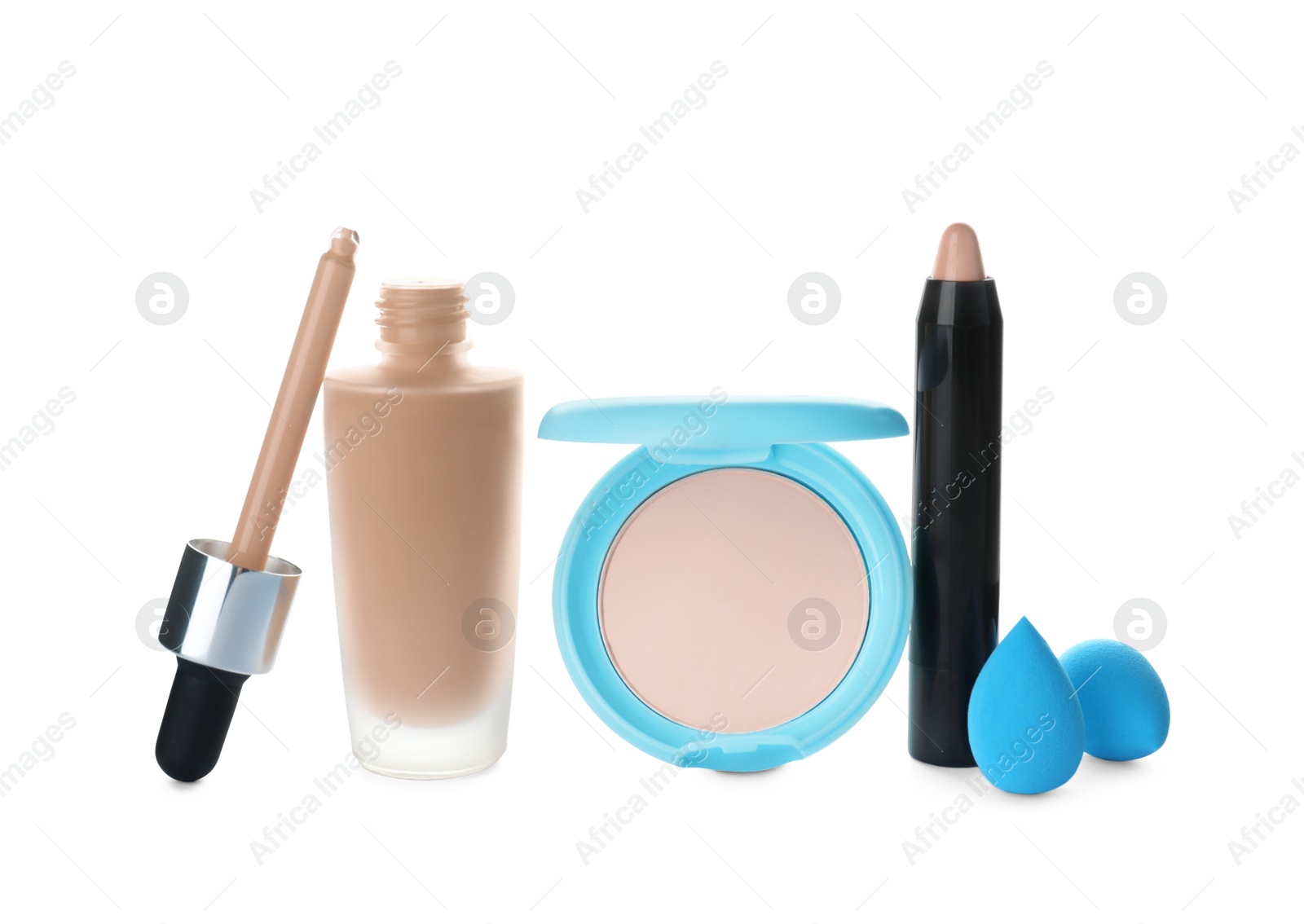 Photo of Composition with skin foundation and powder on white background