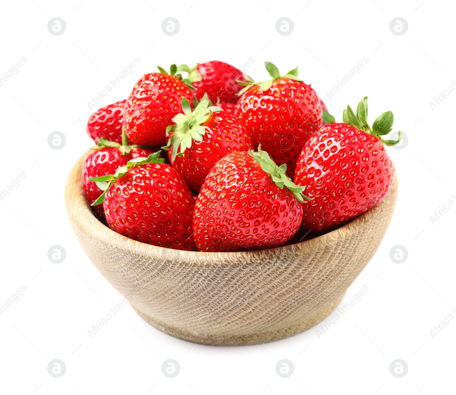 Photo of Fresh red strawberries in wooden bowl isolated on white