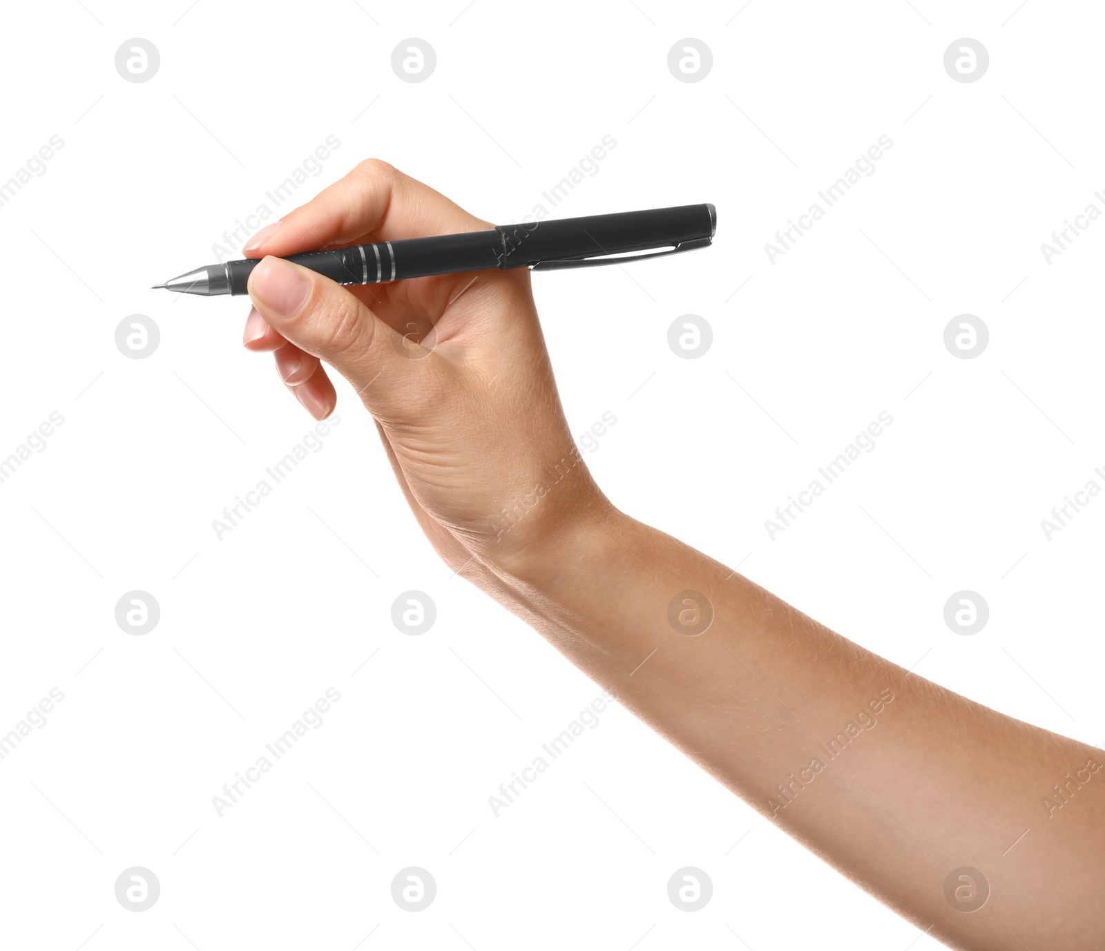 Photo of Young woman holding pen on white background, closeup