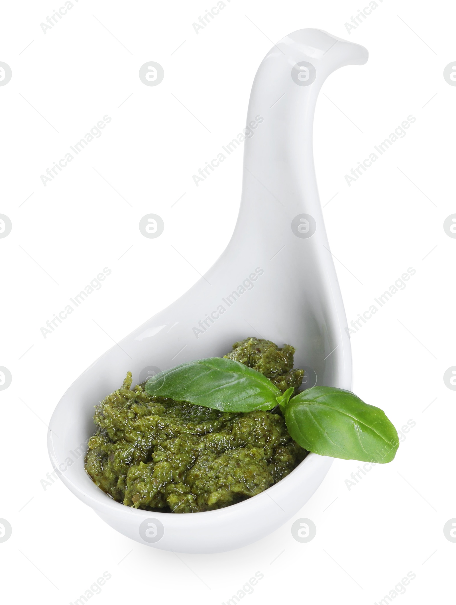 Photo of Fresh tasty pesto sauce isolated on white