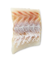 Piece of fresh raw cod isolated on white, top view