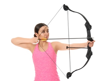 Photo of Sporty young woman practicing archery on white background