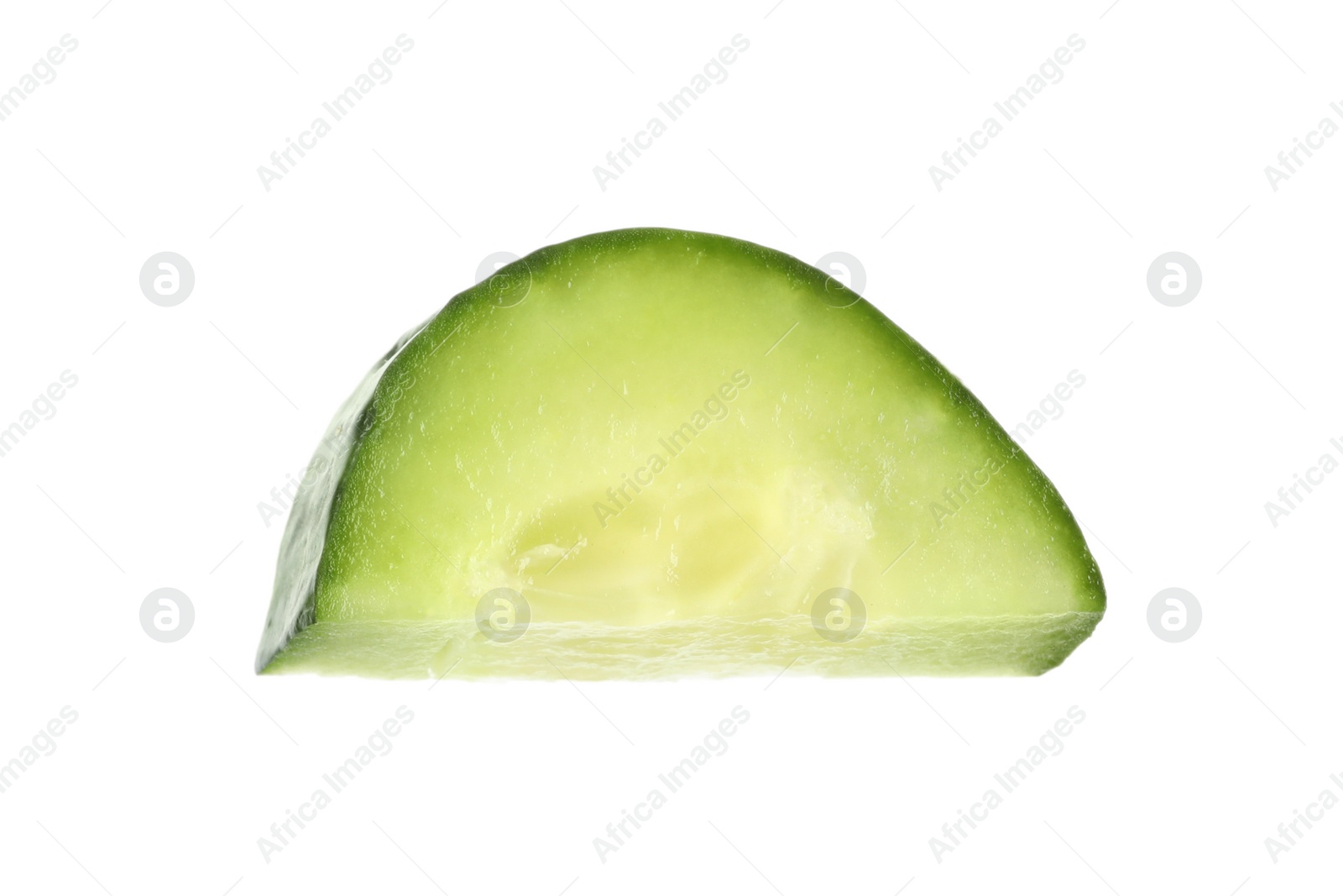 Photo of Cut fresh green cucumber on white background