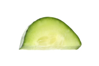 Photo of Cut fresh green cucumber on white background