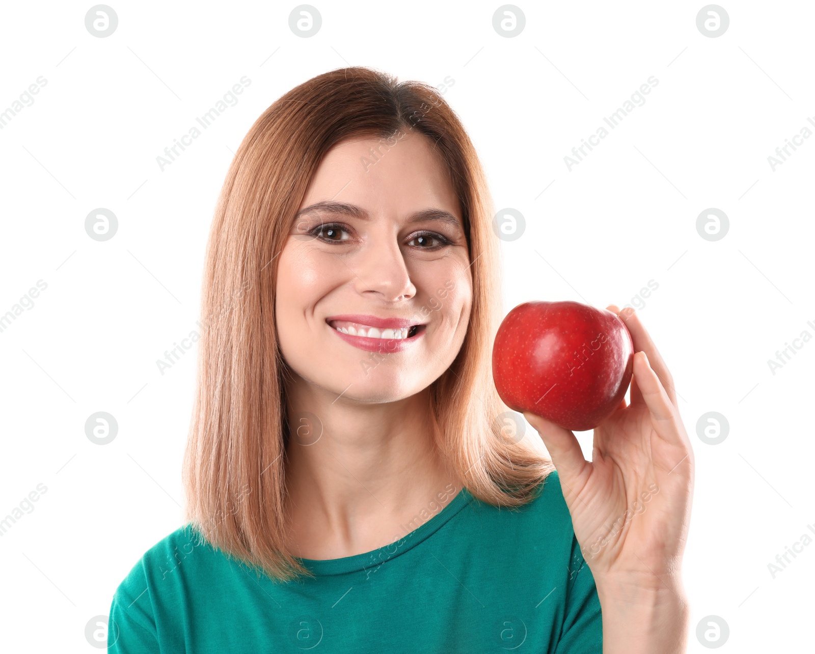 Photo of Smiling woman with perfect teeth and red apple on white background