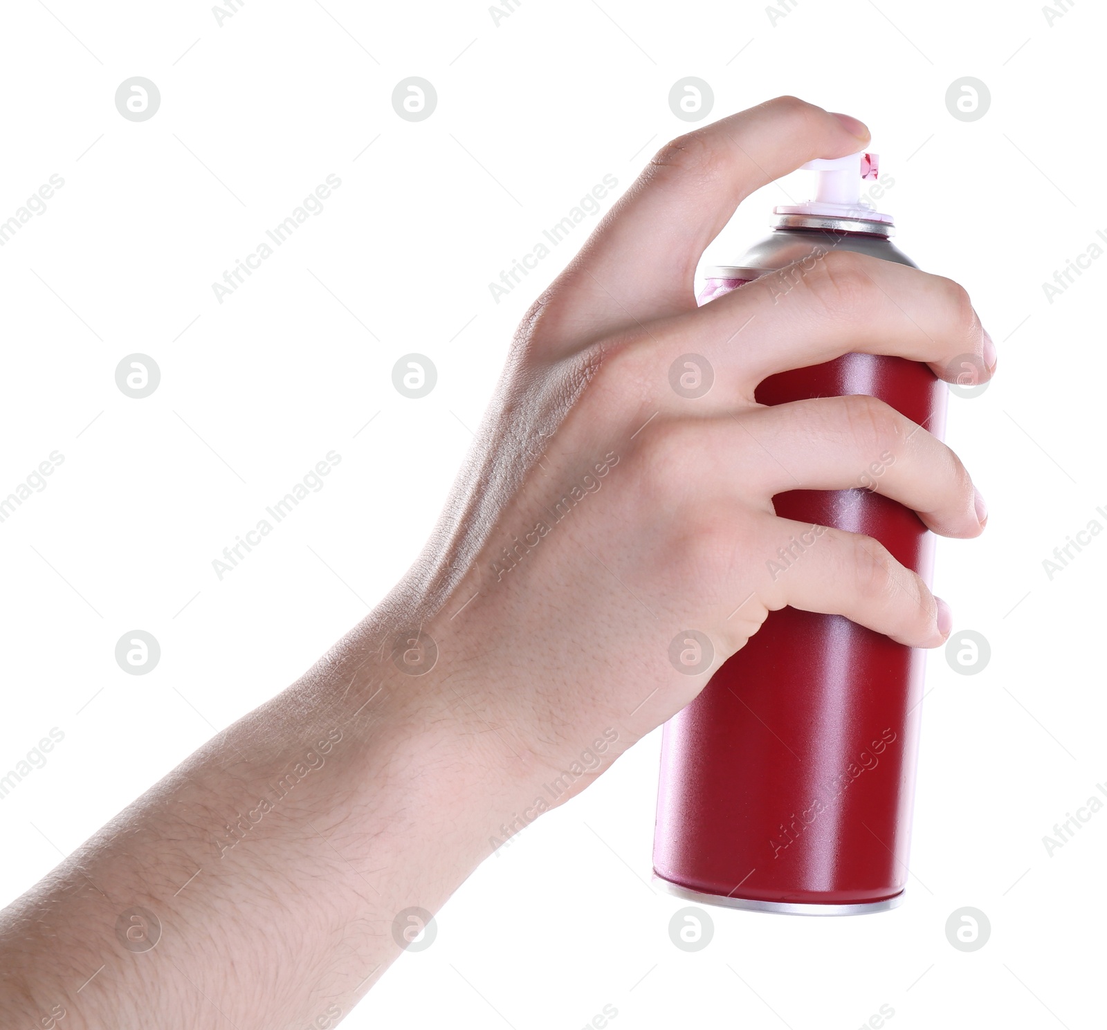 Photo of Man with can of spray paint on white background, closeup