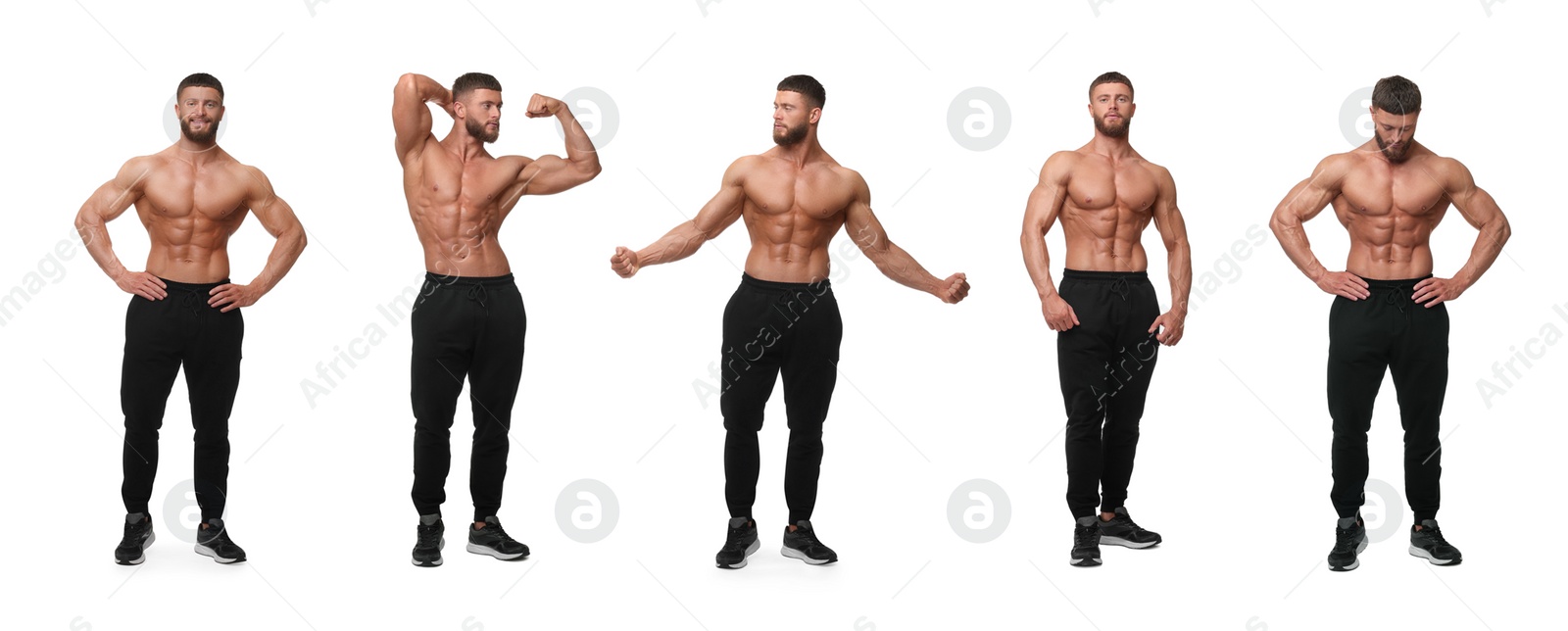 Image of Handsome bodybuilder posing on white background, set of photos