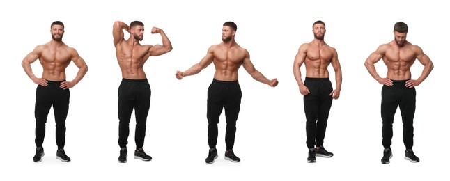 Image of Handsome bodybuilder posing on white background, set of photos