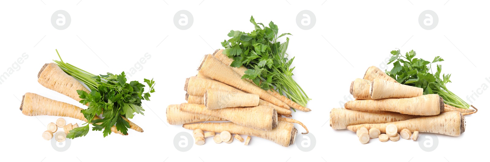 Image of Collage with whole and cut parsley roots on white background