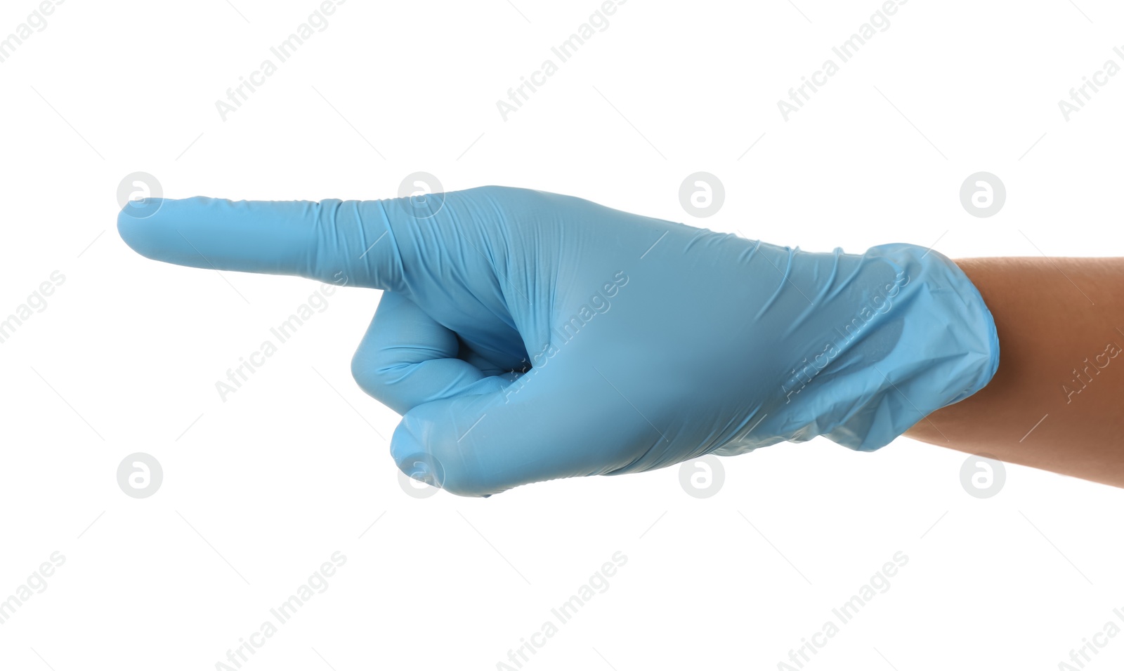 Photo of Person in blue latex gloves pointing at something against white background, closeup on hand