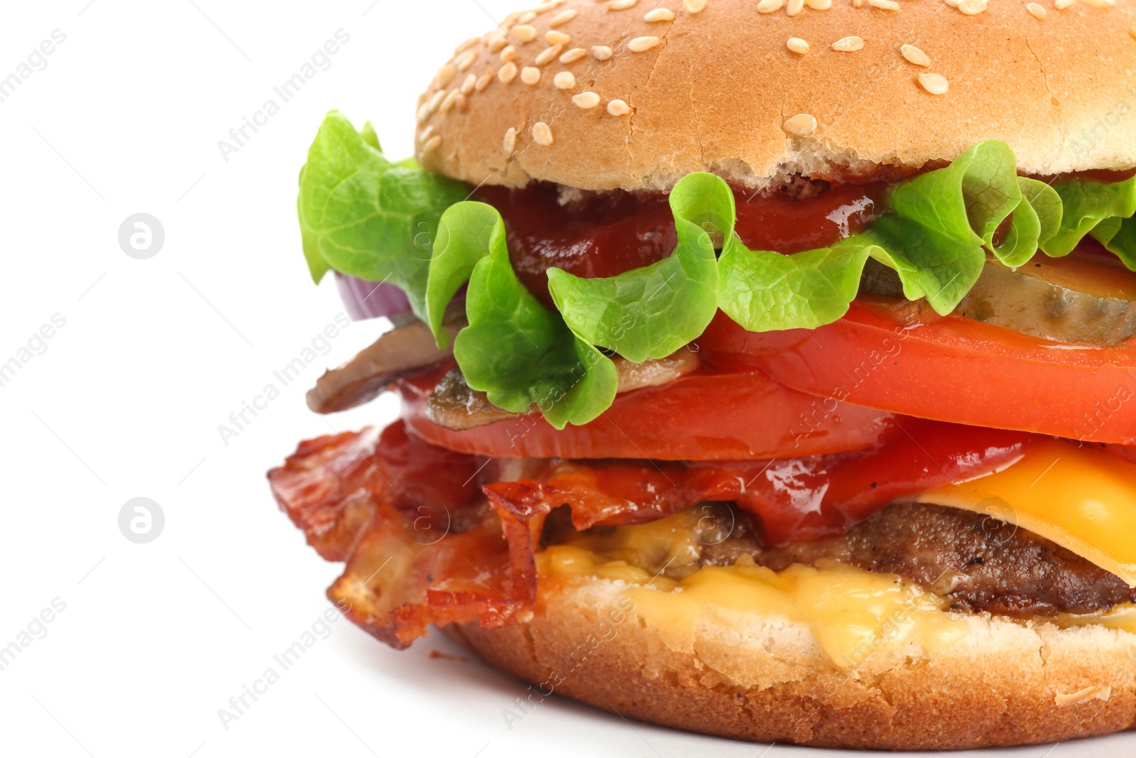 Photo of Tasty burger with bacon on white background, closeup