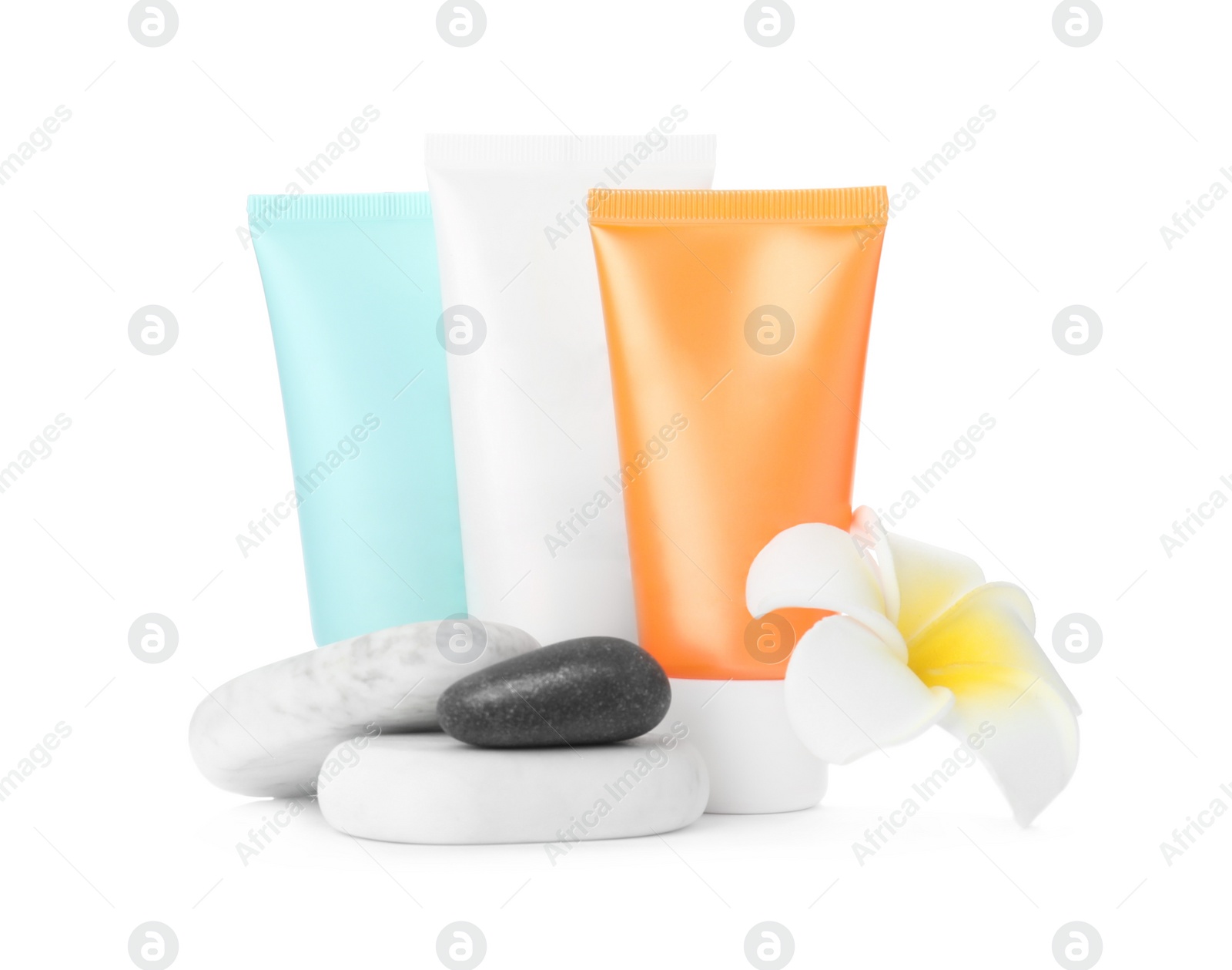 Photo of Cosmetic products, flower and spa stones on white background