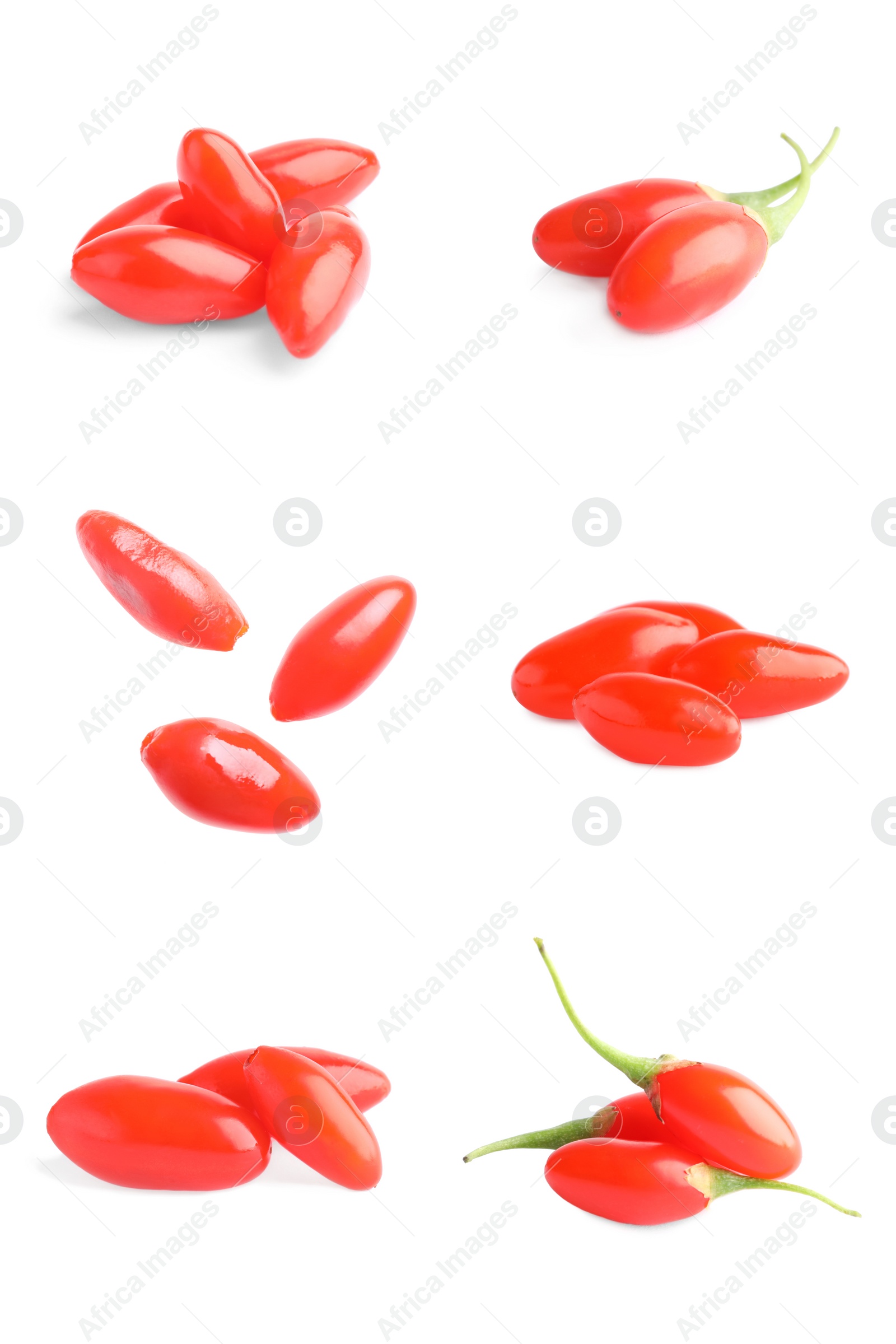 Image of Set of fresh goji berries on white background