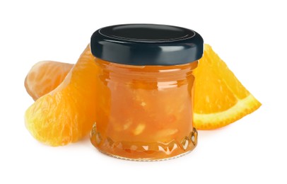 Photo of Jar of sweet citrus jam on white background