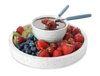 Fondue pot with chocolate and mix of fruits on white background