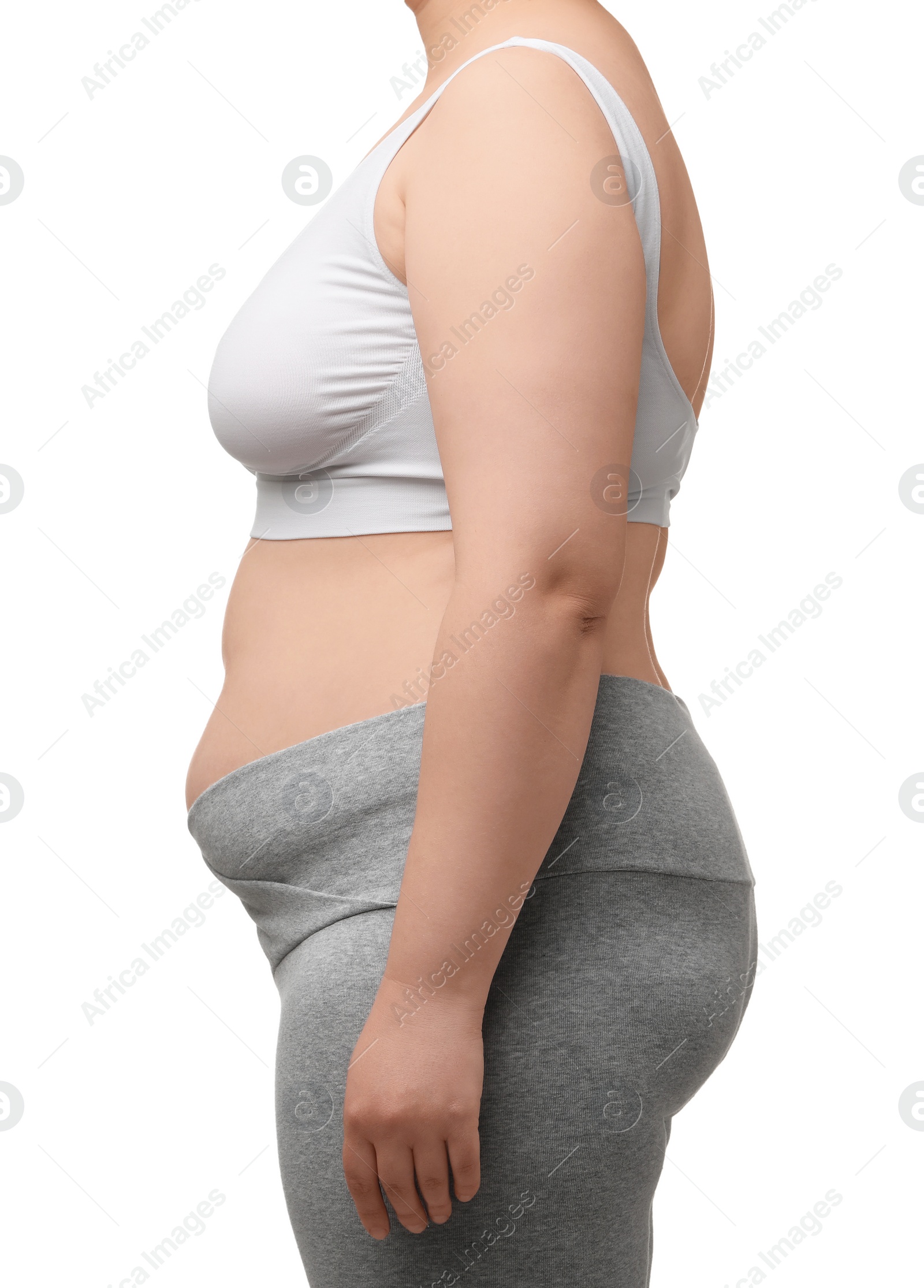 Photo of Overweight woman on white background, closeup view