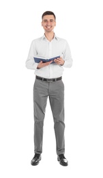 Young male teacher with book on white background