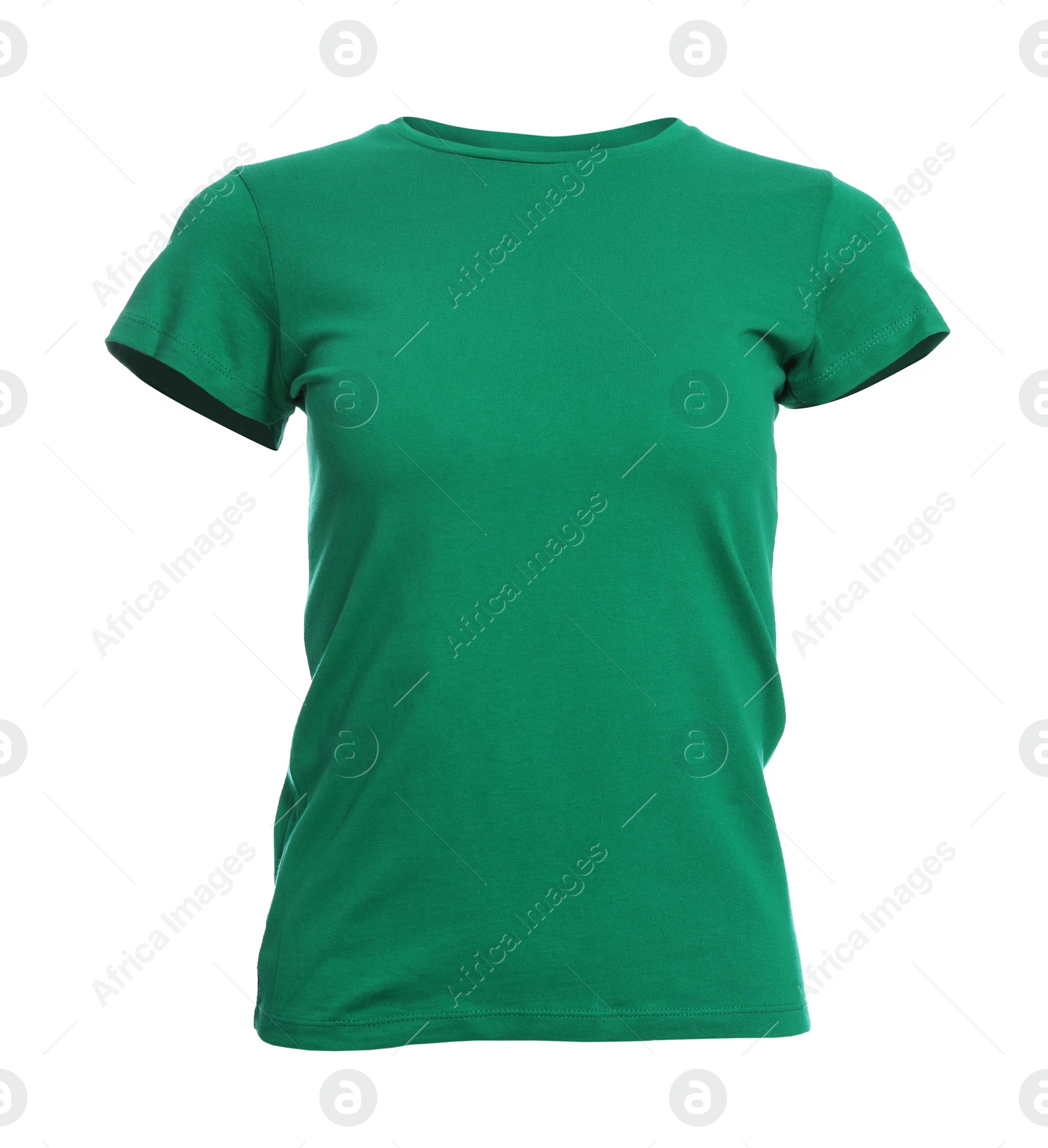 Photo of Mannequin with green women's t-shirt isolated on white. Mockup for design