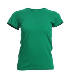 Photo of Mannequin with green women's t-shirt isolated on white. Mockup for design