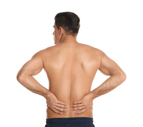Photo of Man suffering from lower back pain on white background. Visiting orthopedist