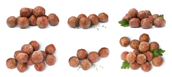 Set with tasty cooked meatballs on white background. Banner design