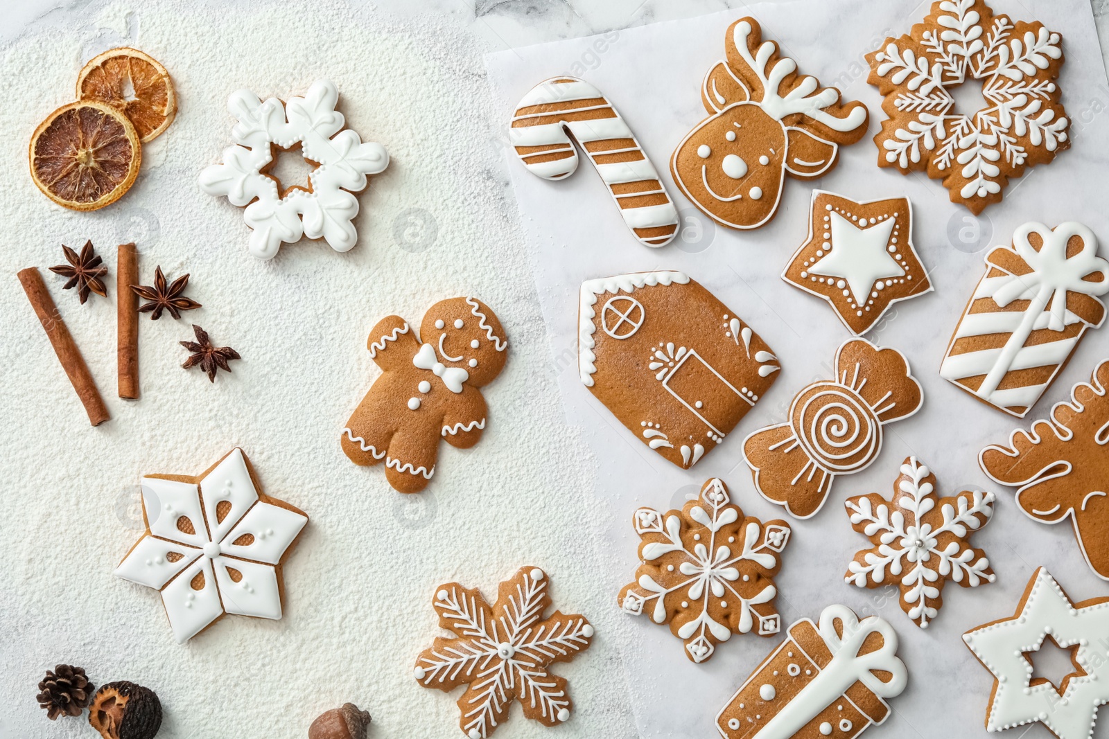 Photo of Flat lay composition with delicious homemade Christmas cookies on white table