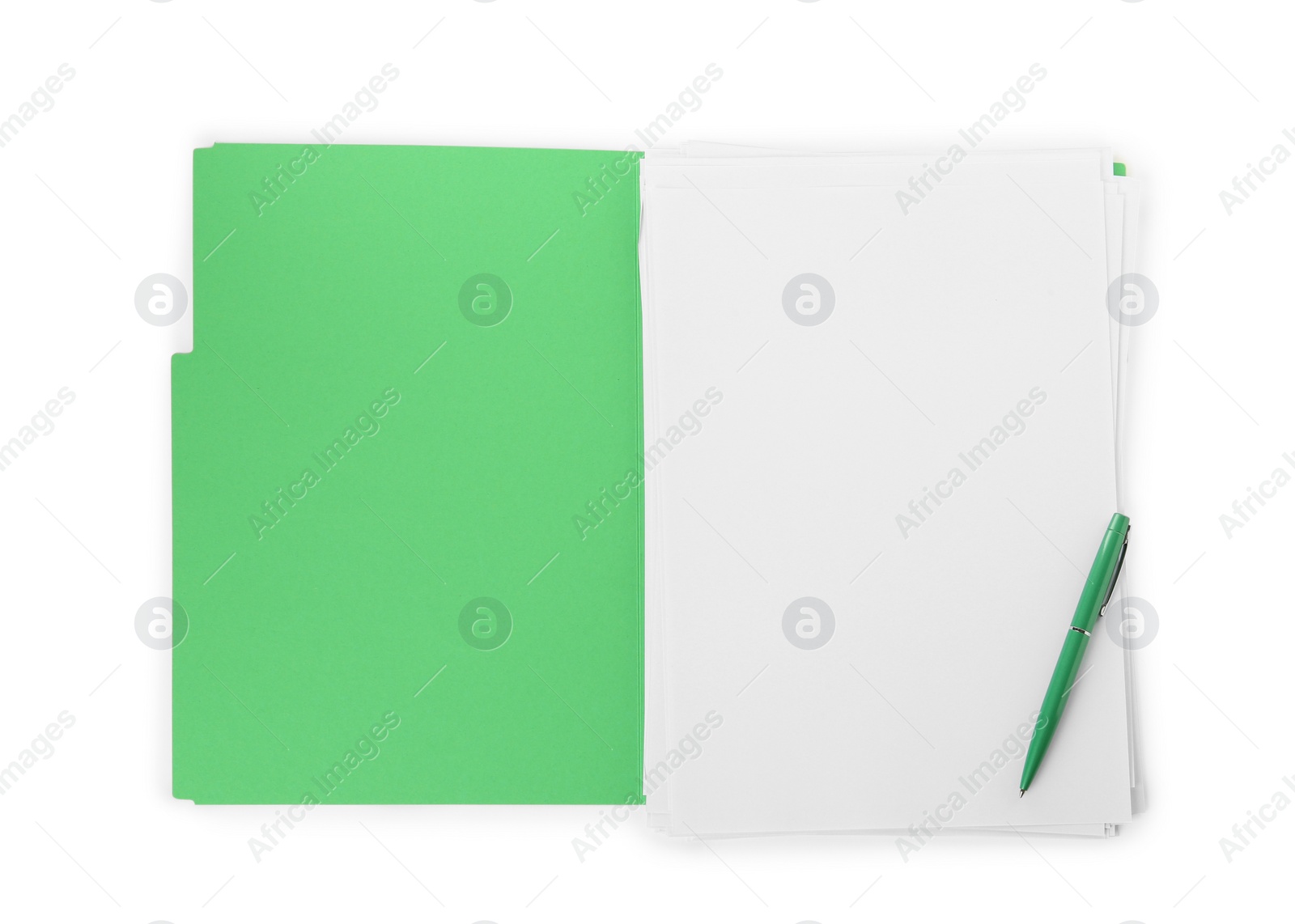 Photo of Light green file with blank sheets of paper and pen isolated on white, top view. Space for design