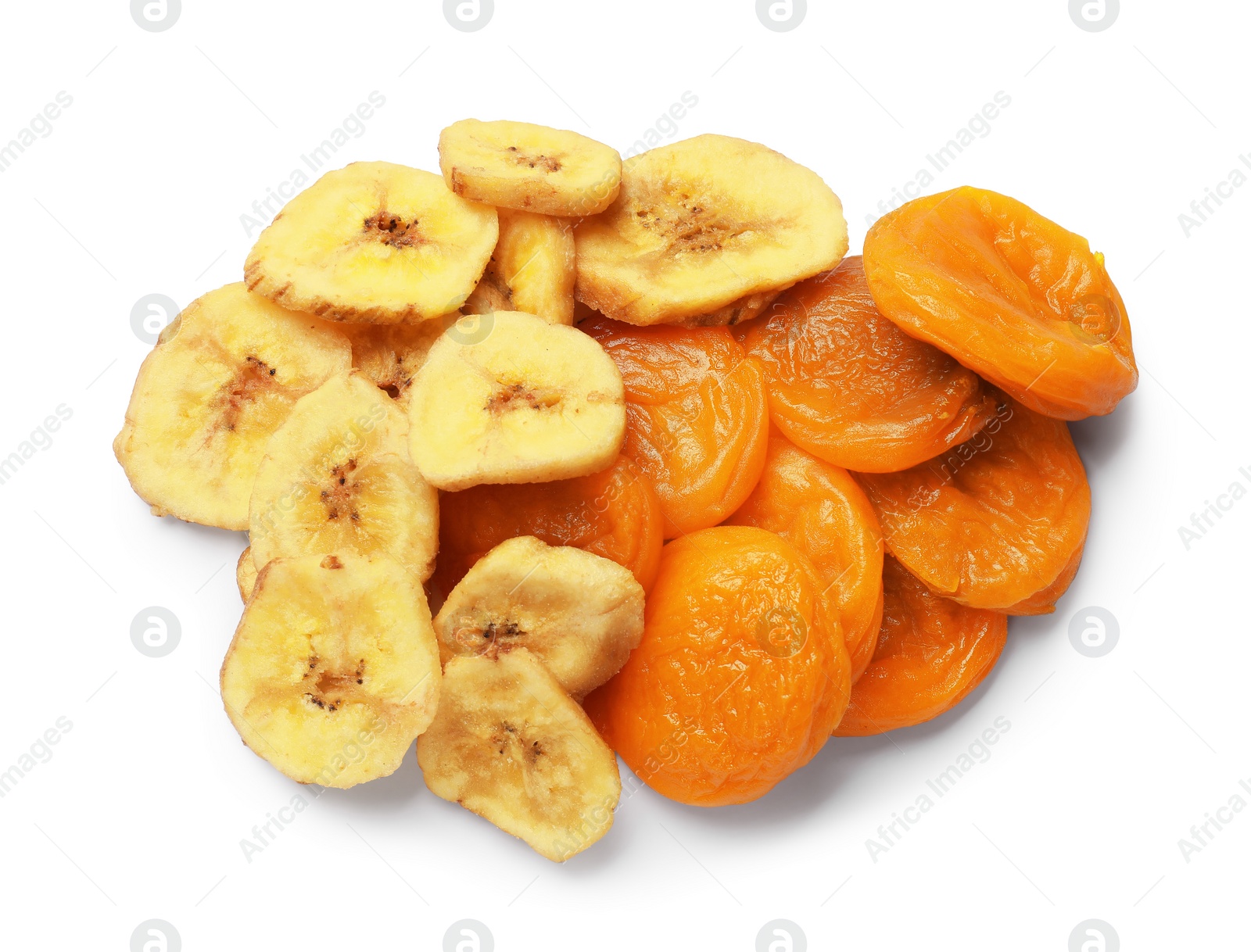 Photo of Delicious dried apricots and banana isolated on white, top view