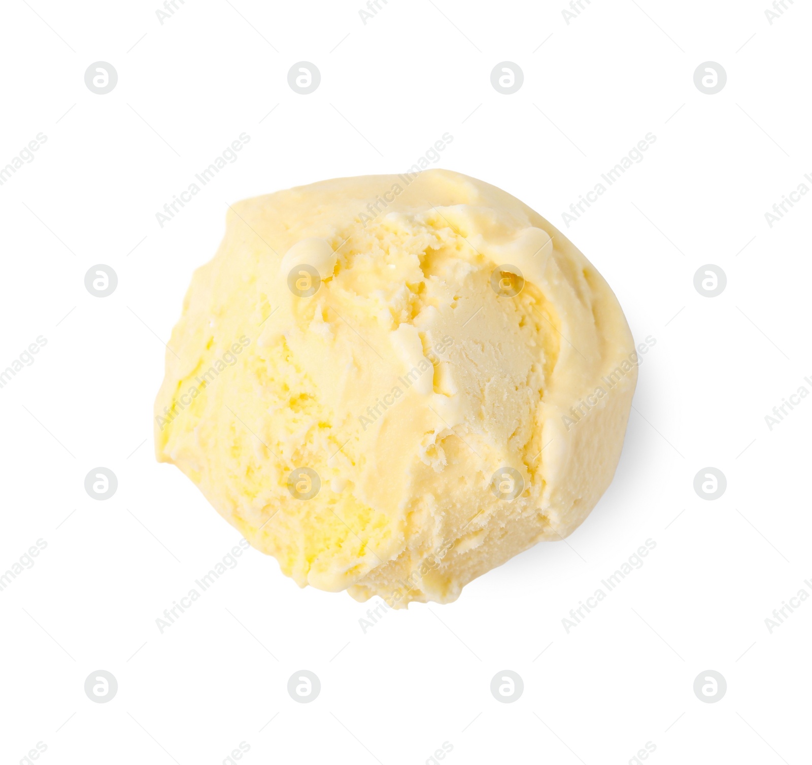 Photo of Scoop of delicious vanilla ice cream isolated on white, top view