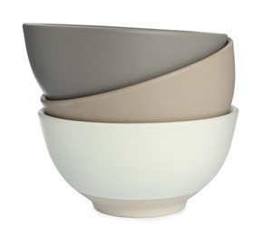 Photo of Stylish empty ceramic bowls on white background. Cooking utensil