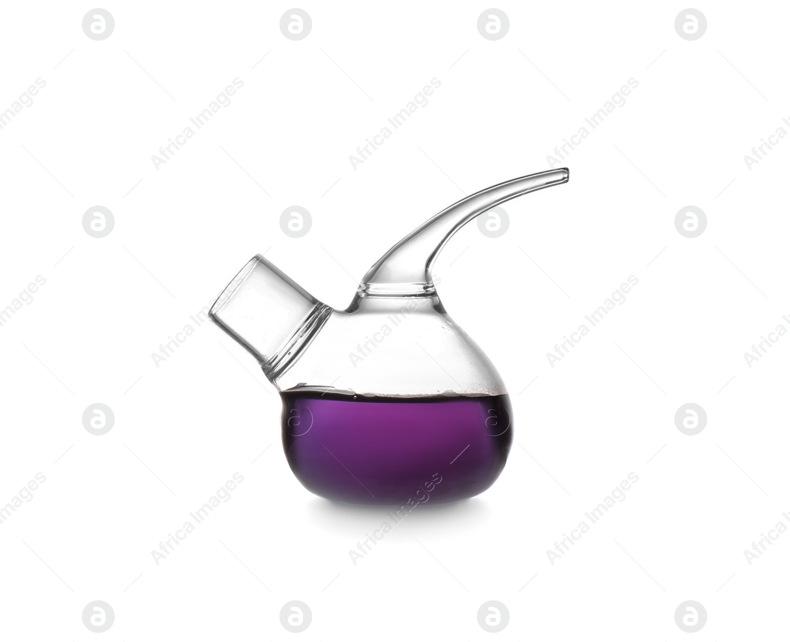 Photo of Retort flask with color liquid isolated on white. Solution chemistry