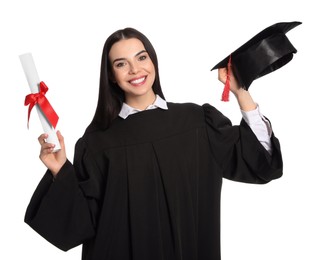 Happy student with graduation hat and diploma on white background