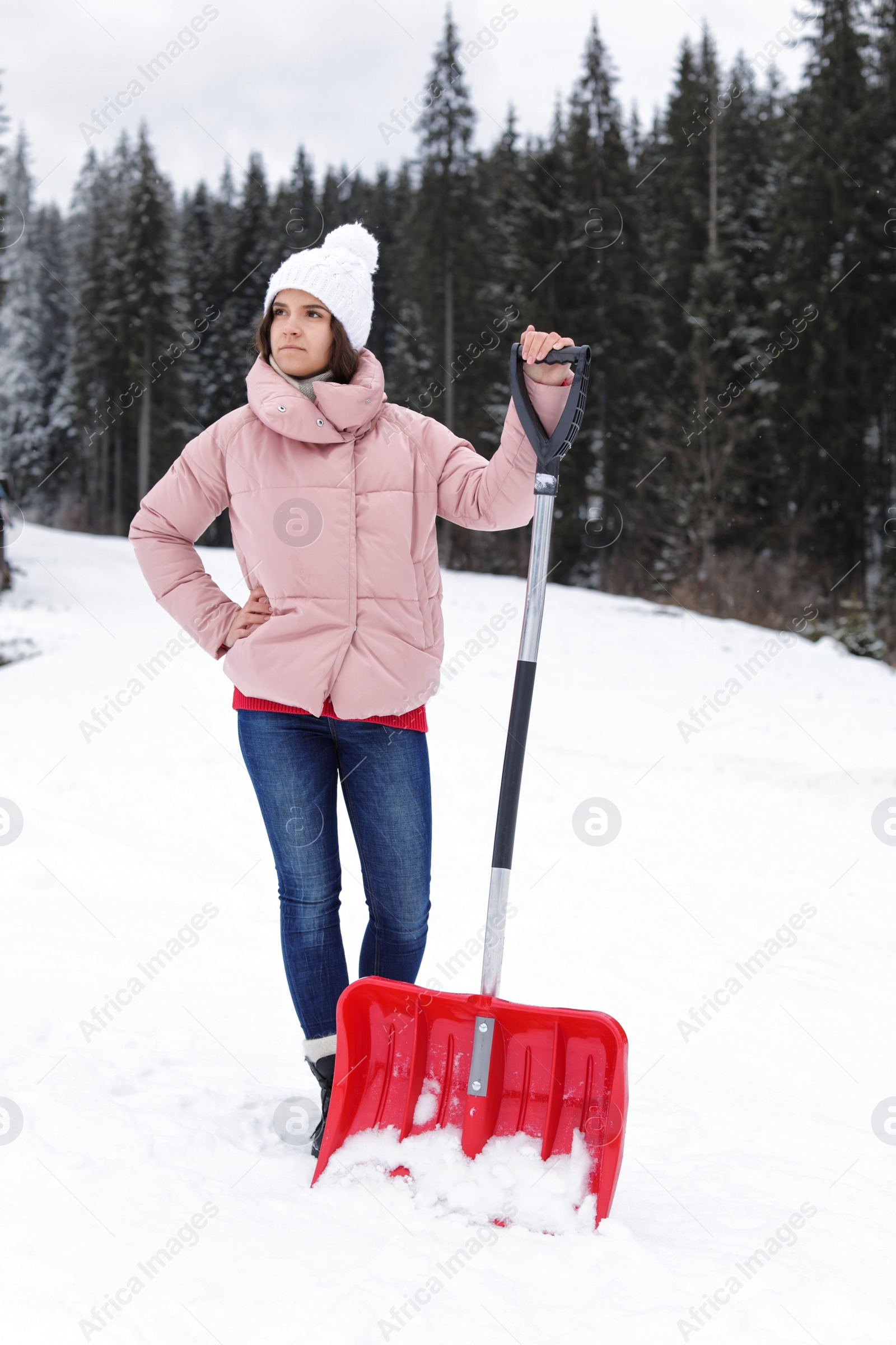 Photo of Woman with shovel for cleaning snow outdoors