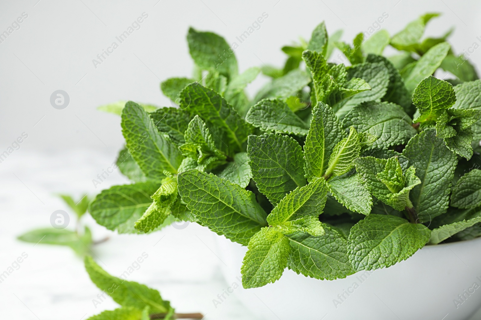 Photo of Bowl with fresh green mint on table, closeup