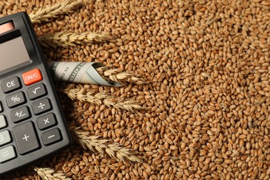 Photo of Calculator, dollar banknote and wheat ears on grains, closeup. Agricultural business
