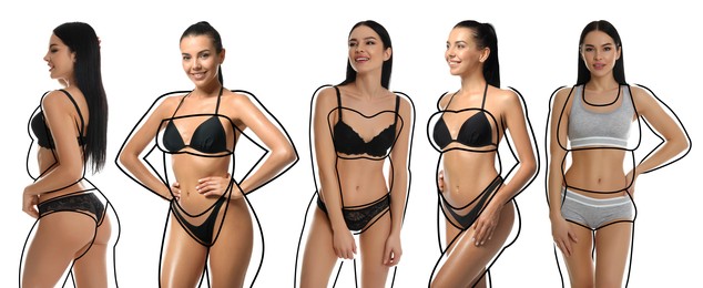 Image of Collage with photos of slim young women wearing beautiful underwear on white background, banner design. Illustrations of lines around ladies before weight loss