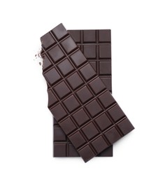 Photo of Delicious dark chocolate bars on white background, top view