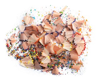 Photo of Heap of colorful pencil shavings on white background, top view