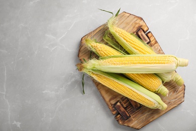 Tasty sweet corn cobs on wooden board, top view