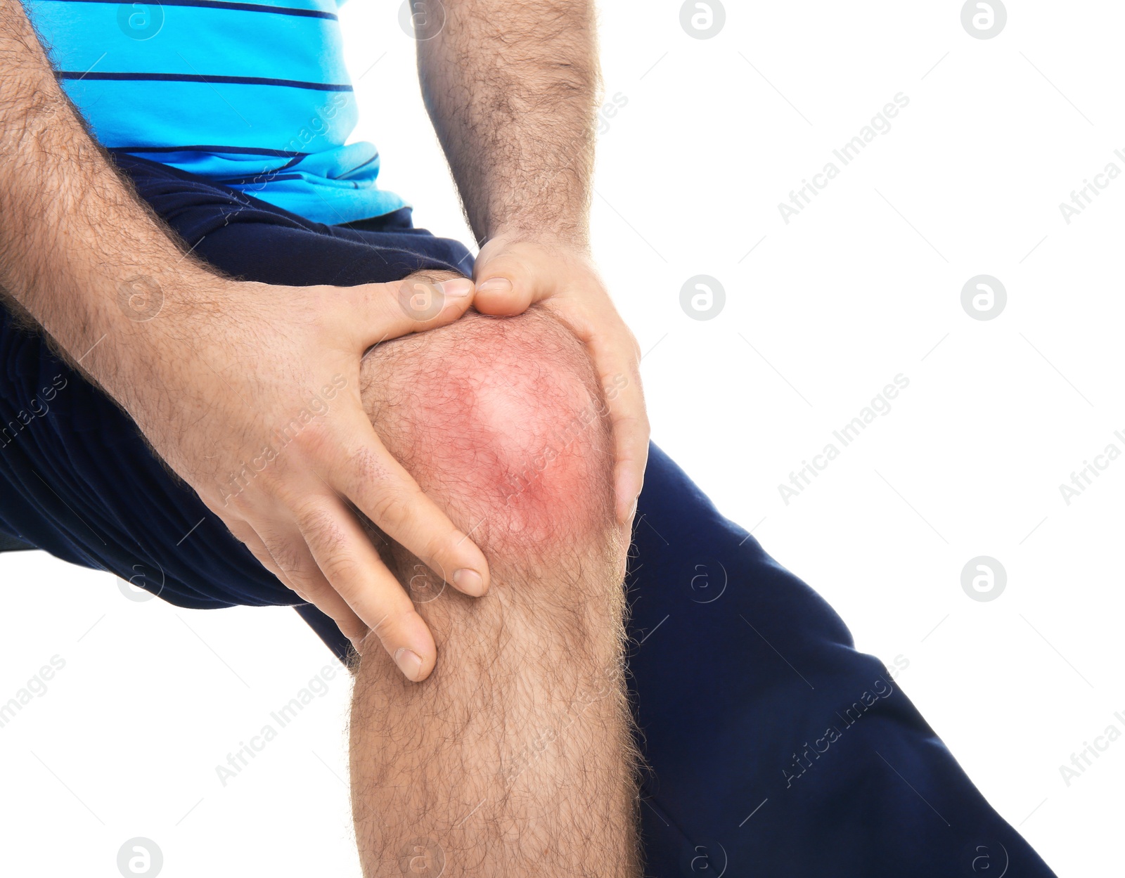 Photo of Overweight man suffering from knee pain on white background