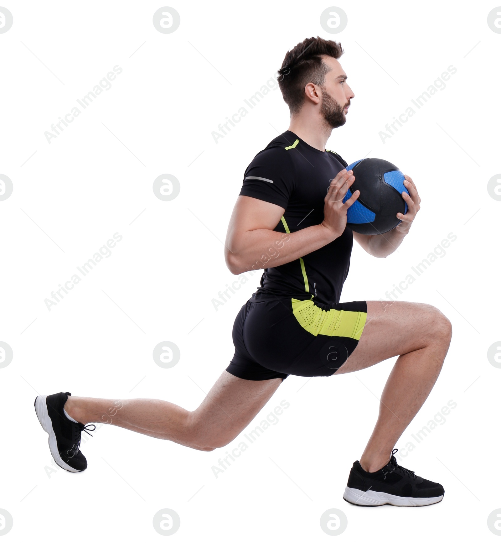 Photo of Athletic man doing exercise with medicine ball isolated on white