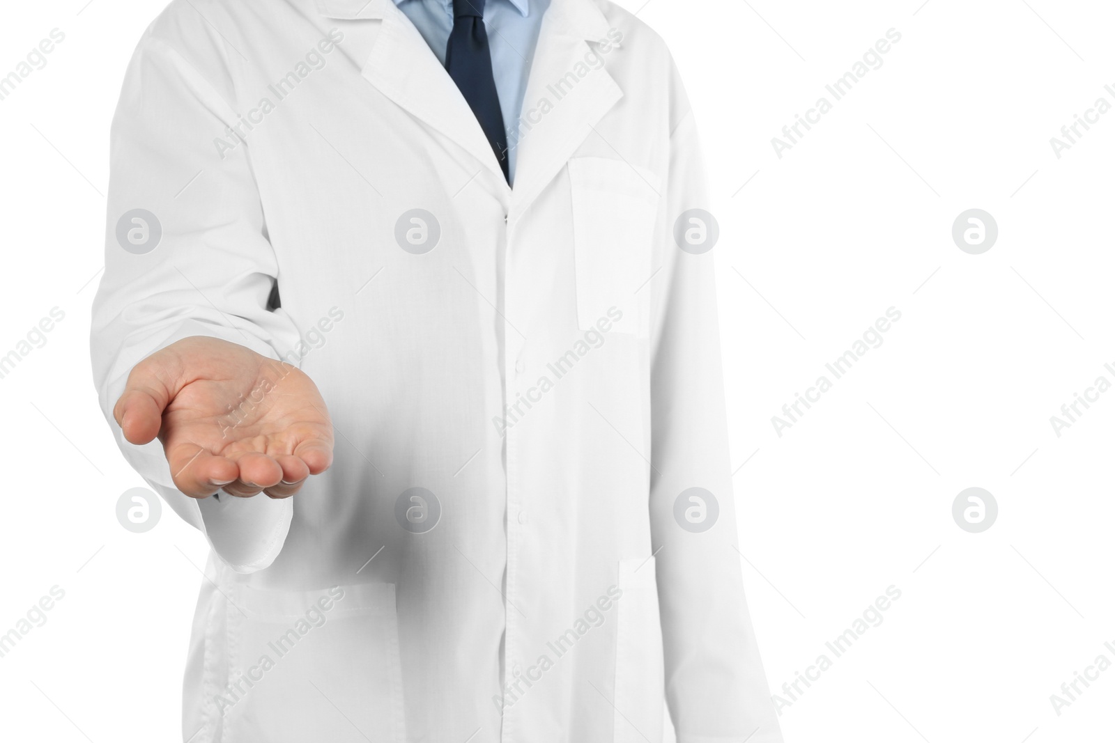 Photo of Male doctor offering helping hand on white background, closeup