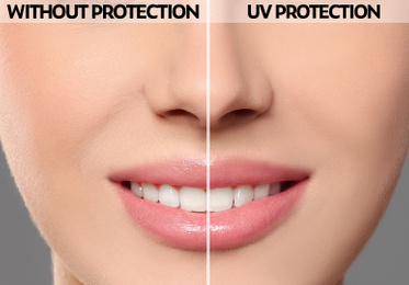 Image of Young woman without and with sun protection cream on her face, closeup