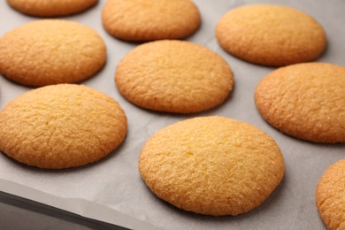 Delicious Danish butter cookies on baking tray, closeup