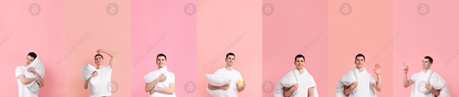 Image of Man in pajamas with pillow on light pink background, collage of photos