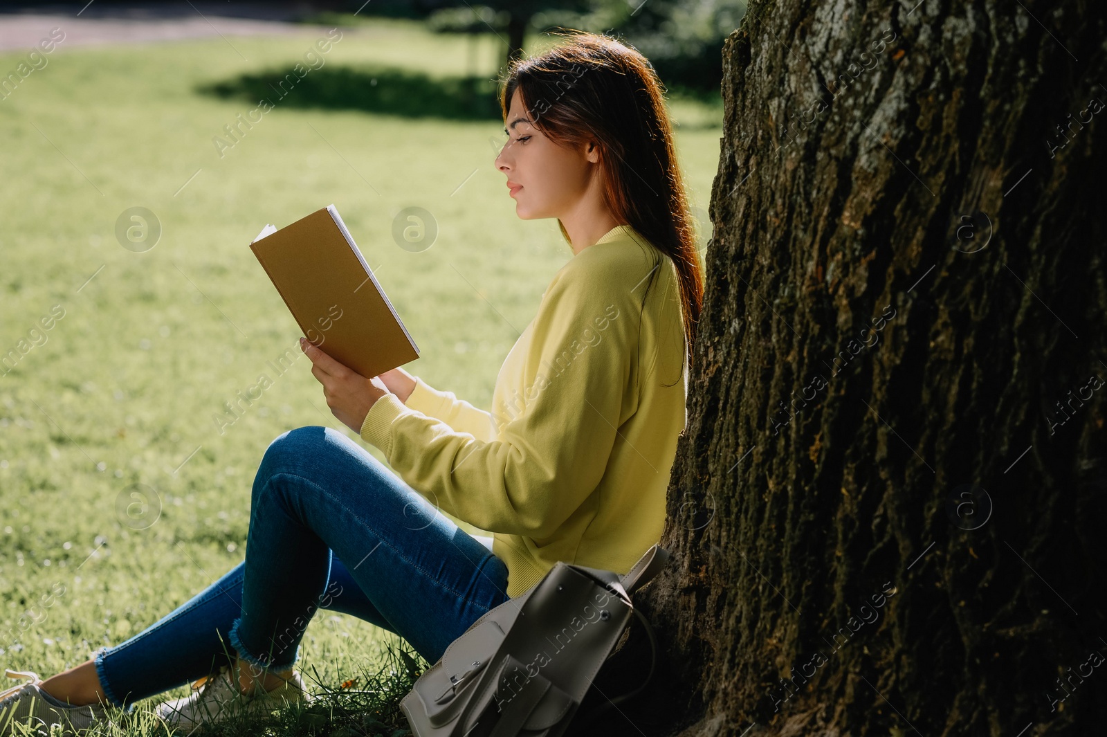 Photo of Young woman reading book near tree in park on sunny day