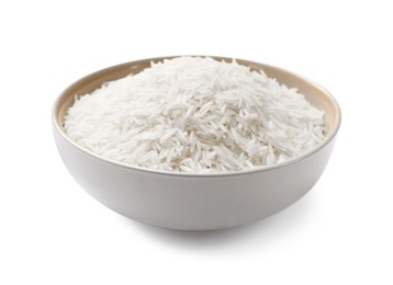 Photo of Raw basmati rice in bowl isolated on white