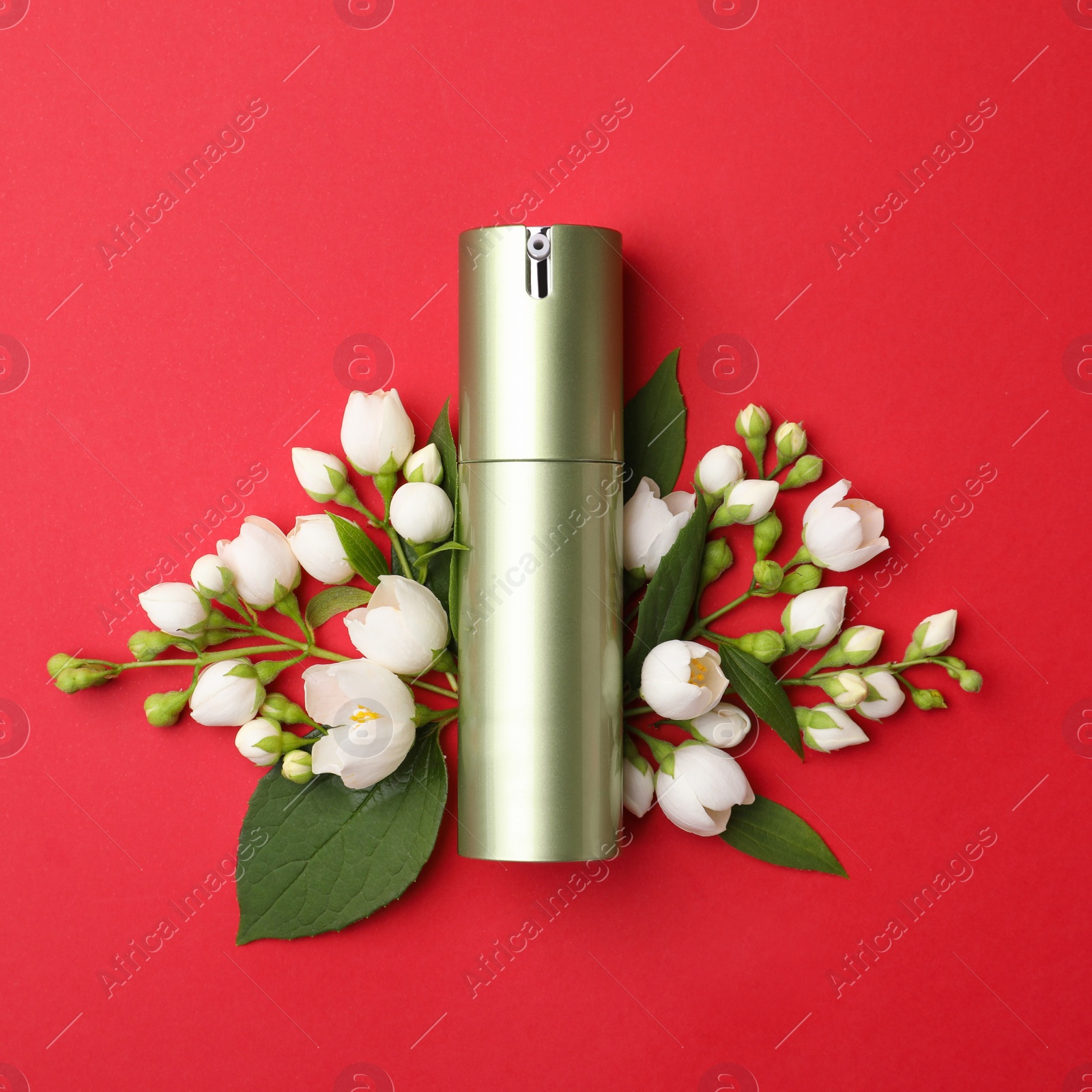 Photo of Bottle of cosmetic product and flowers on red background, flat lay
